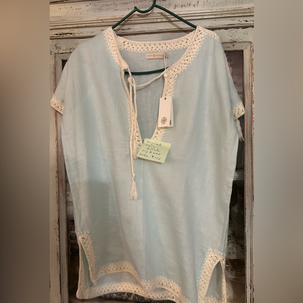 Brand new never worn Tory Burch shirt/ cover up . Mint green/ linen